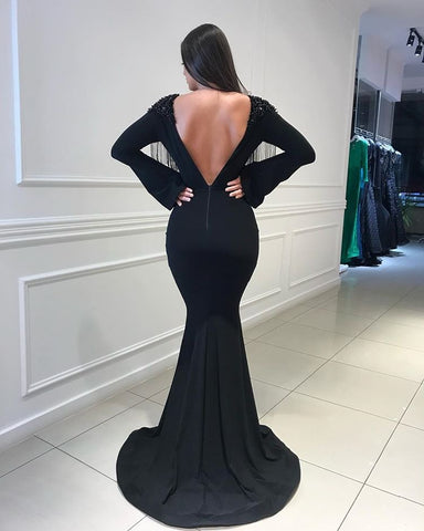 Mermaid Deep V-Neck Long Sleeves Prom Gown，Backless Evening Dress