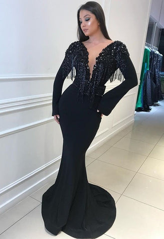 Mermaid Deep V-Neck Long Sleeves Prom Gown，Backless Evening Dress