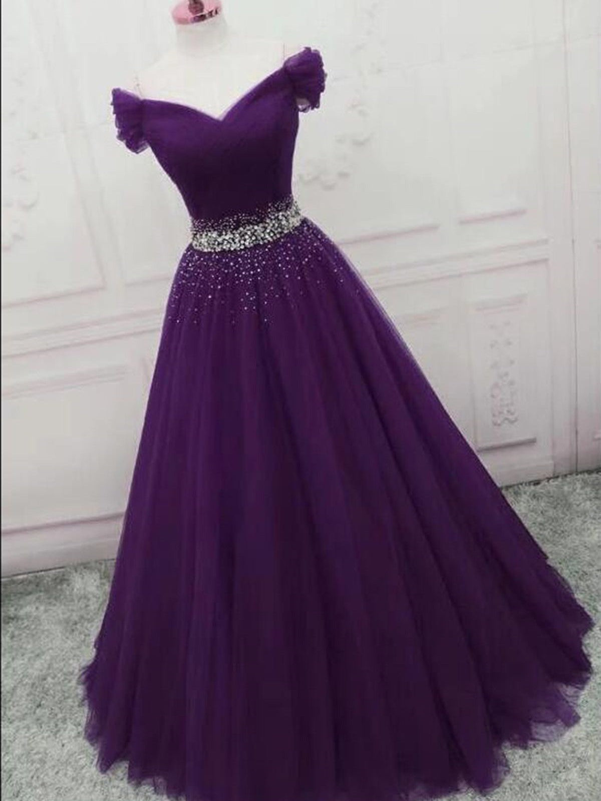 Off Shoulder Tulle Long Prom Dress with Sequins