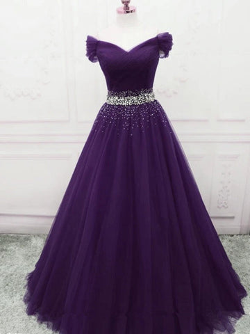 Off Shoulder Tulle Long Prom Dress with Sequins