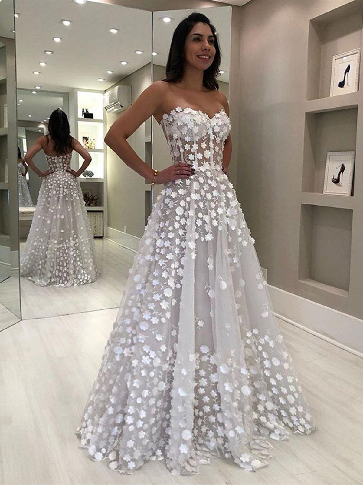 Charming Long Strapless  Prom with White Appliques, Wedding, Formal Evening Dresses