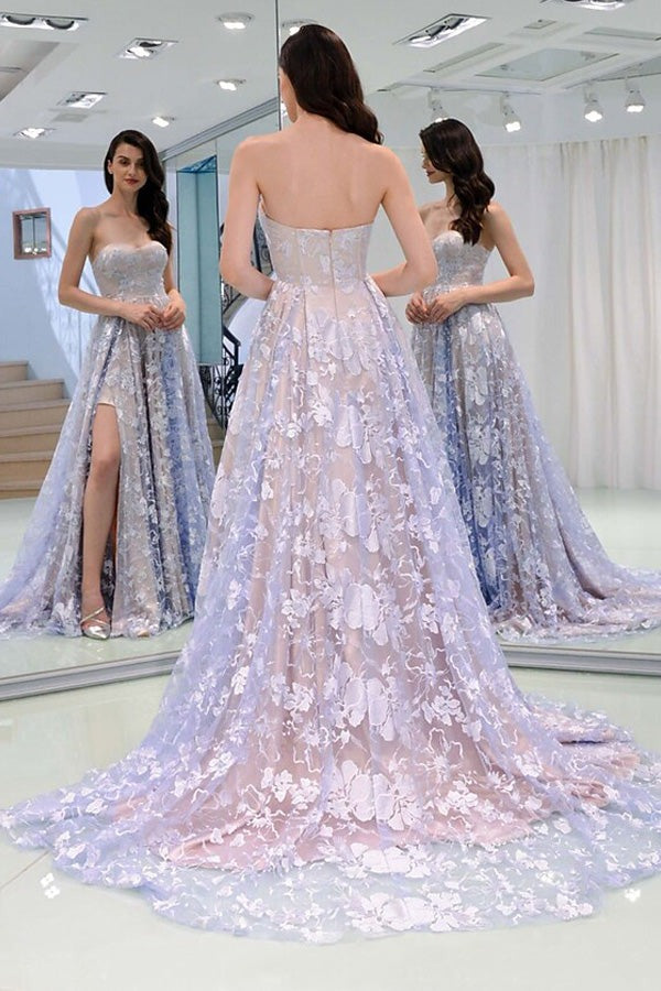 Charming Lace Sweetheart  Appliques Prom Dress with Slit ,Evening Dress