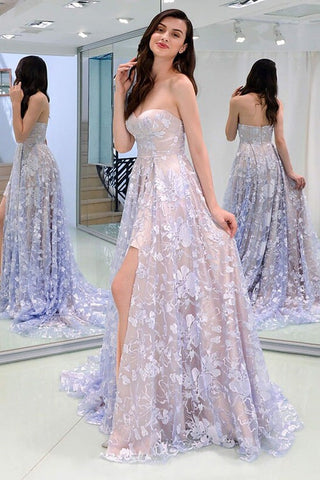 Charming Lace Sweetheart  Appliques Prom Dress with Slit ,Evening Dress