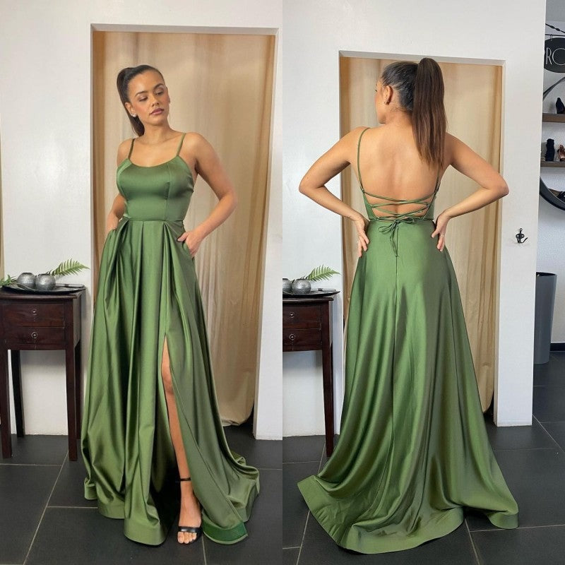 Elegant and Chic Spaghetti Strap Prom Gown with Pockets