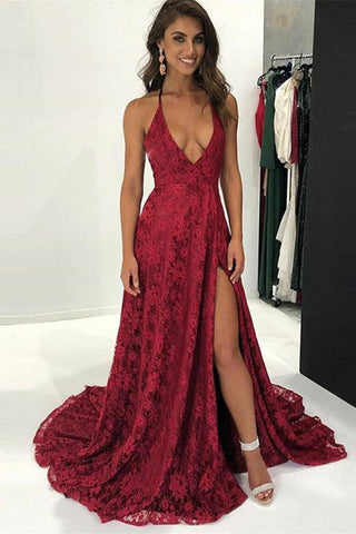 Bordeaux Lace Prom Gown with Stunning V-Neck