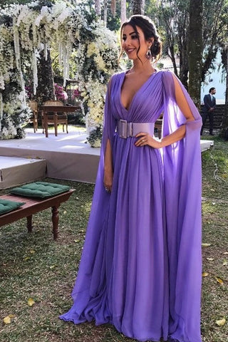 Chic Chiffon Deep V Neck  Prom Dress With Belt