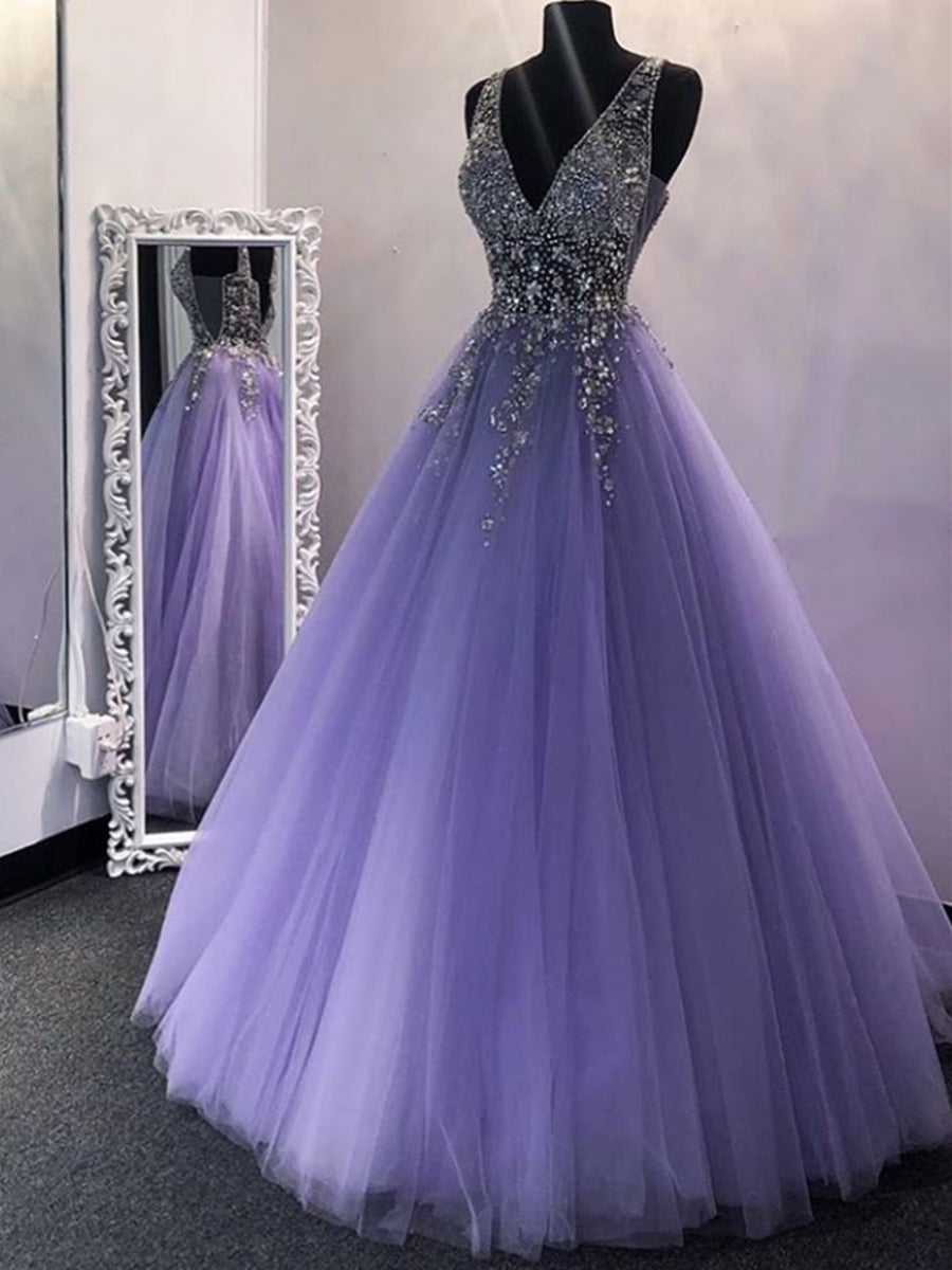 Sequins V Neck Tulle Long Prom Dresses, Formal Evening Dresses, Ball