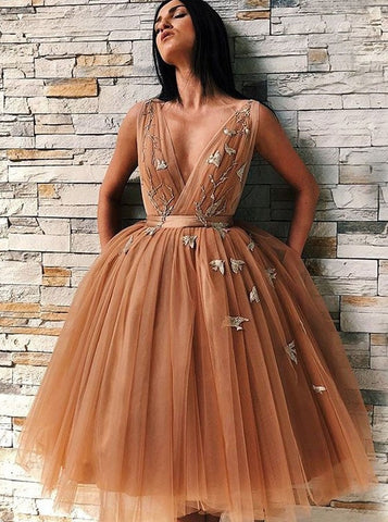 Sleeveless V-Neck Tulle Short Homecoming Dresses，Prom Gowns
