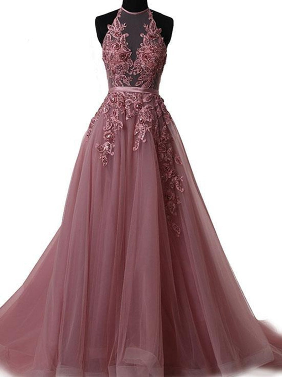 A Line Halter Neck Backless Lace Prom Dress with Sweep Train