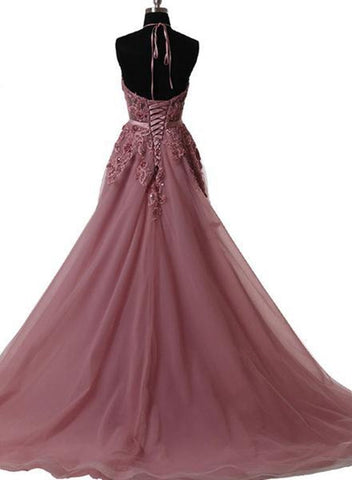 A Line Halter Neck Backless Lace Prom Dress with Sweep Train