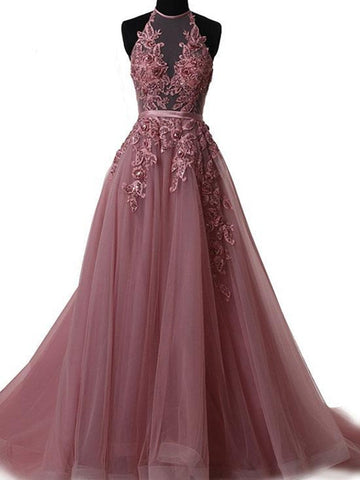 A Line Halter Neck Backless Lace Prom Dress with Sweep Train