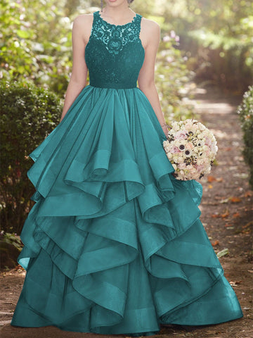 Long Round Neck Lace Tulle Prom Dress