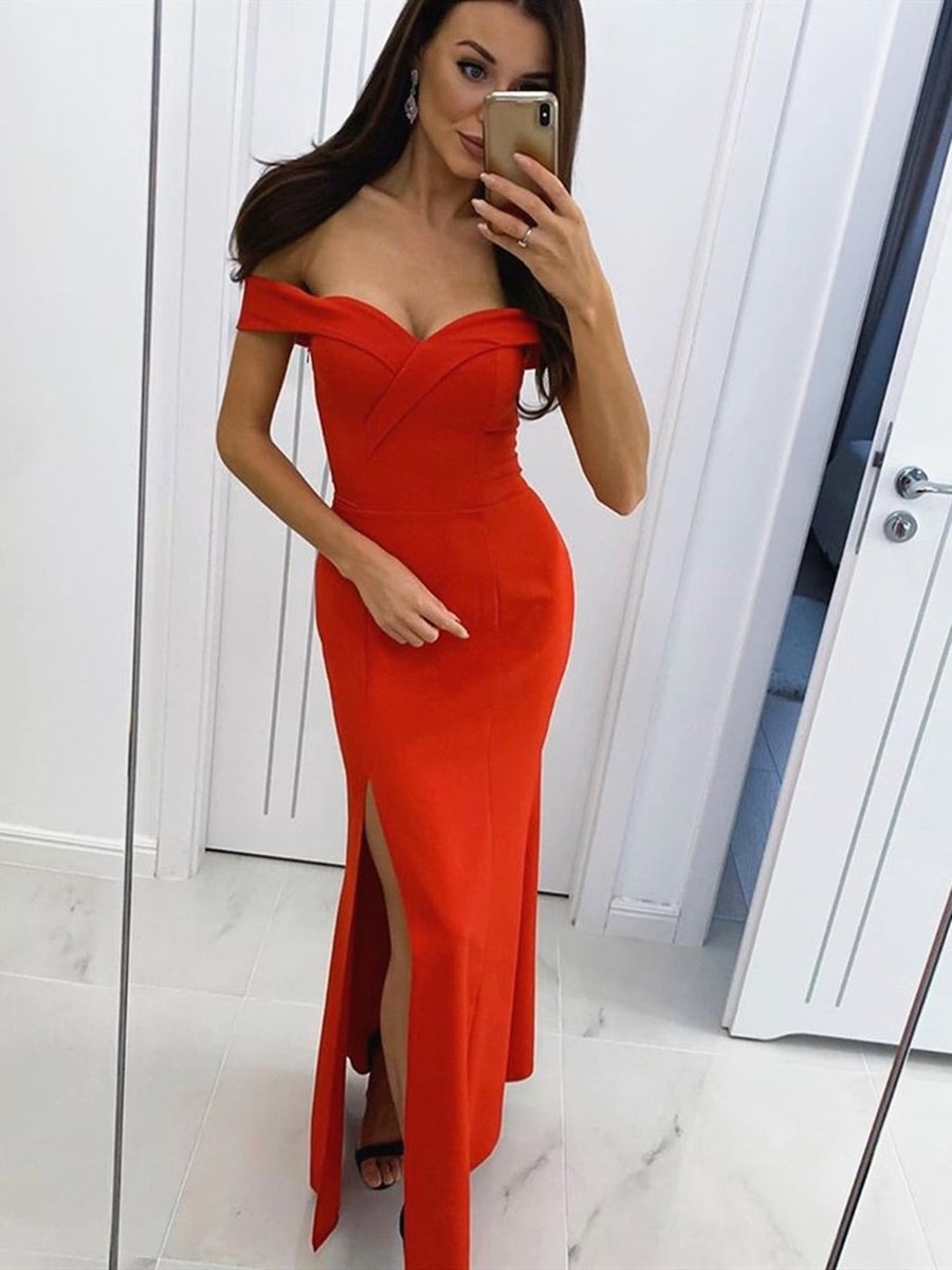 Off Shoulder Mermaid Red Black Prom with Split, Formal,  Evening Dress