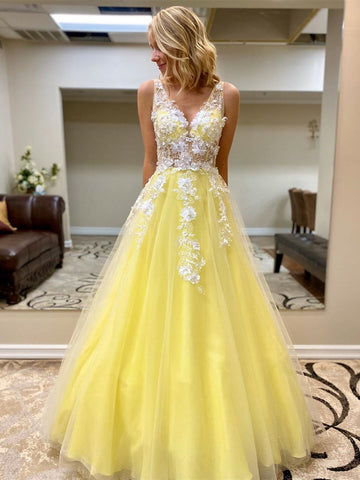 Lace V Neck Appliques  Long Prom, Formal Graduation Evening Dress
