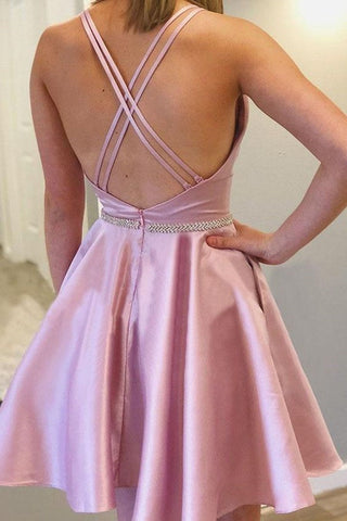 Backless Satin Short Prom with Pocket, Formal Graduation Homecoming Dresses