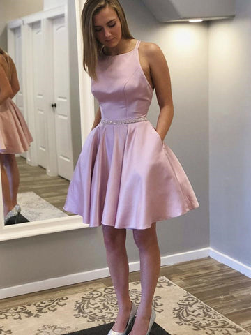 Backless Satin Short Prom with Pocket, Formal Graduation Homecoming Dresses