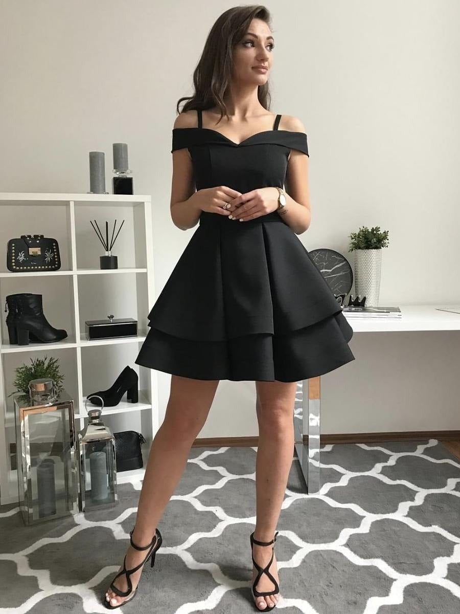 Layered Black Short Off the Shoulder Prom, Black Homecoming,  Graduation, Evening Dresses