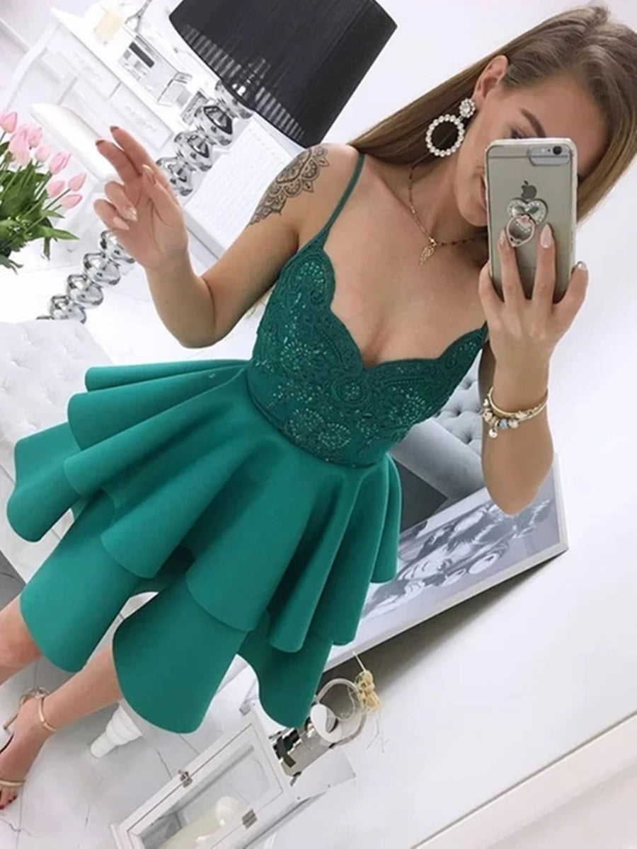 Spaghetti Straps Short Lace Prom Homecoming, Formal Graduation Evening Dresses