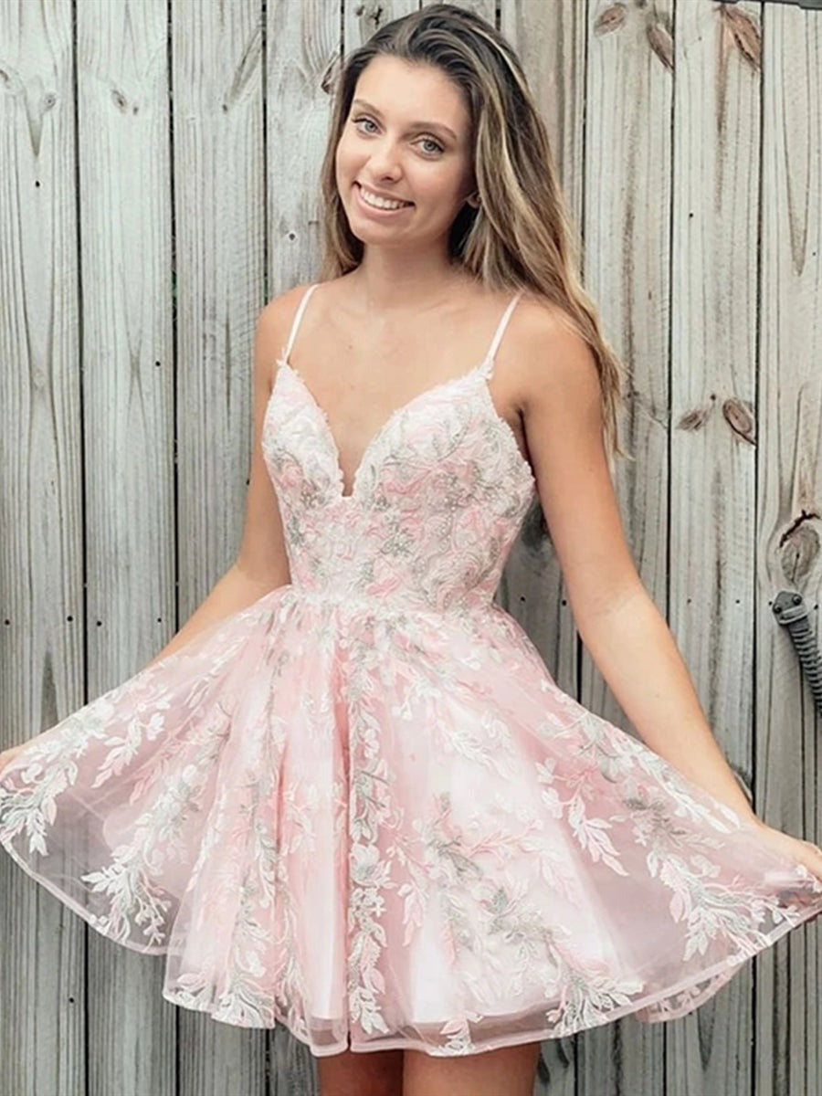 Cute Short V Neck Lace Appliques Pink Prom Homecoming, Formal Graduation Evening Dresses