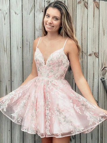 Cute Short V Neck Lace Appliques Pink Prom Homecoming, Formal Graduation Evening Dresses