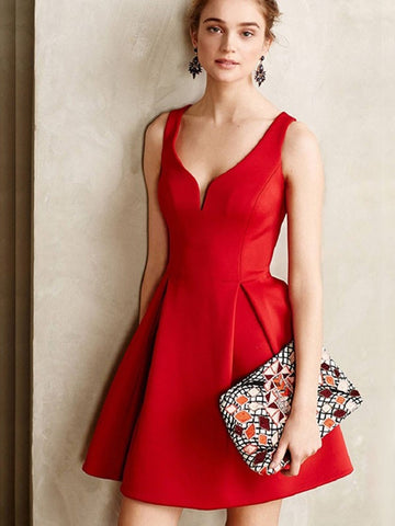 Cute V Neck Sleeveless  Short Prom Homecoming,Satin Formal, Evening