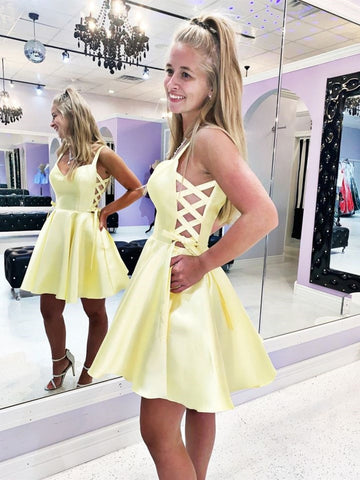 V Neck Satin Short Prom, Formal Graduation Homecoming Dresses