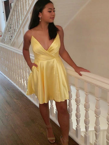 V Neck Satin Short Prom Homecoming, Formal Graduation Evening
