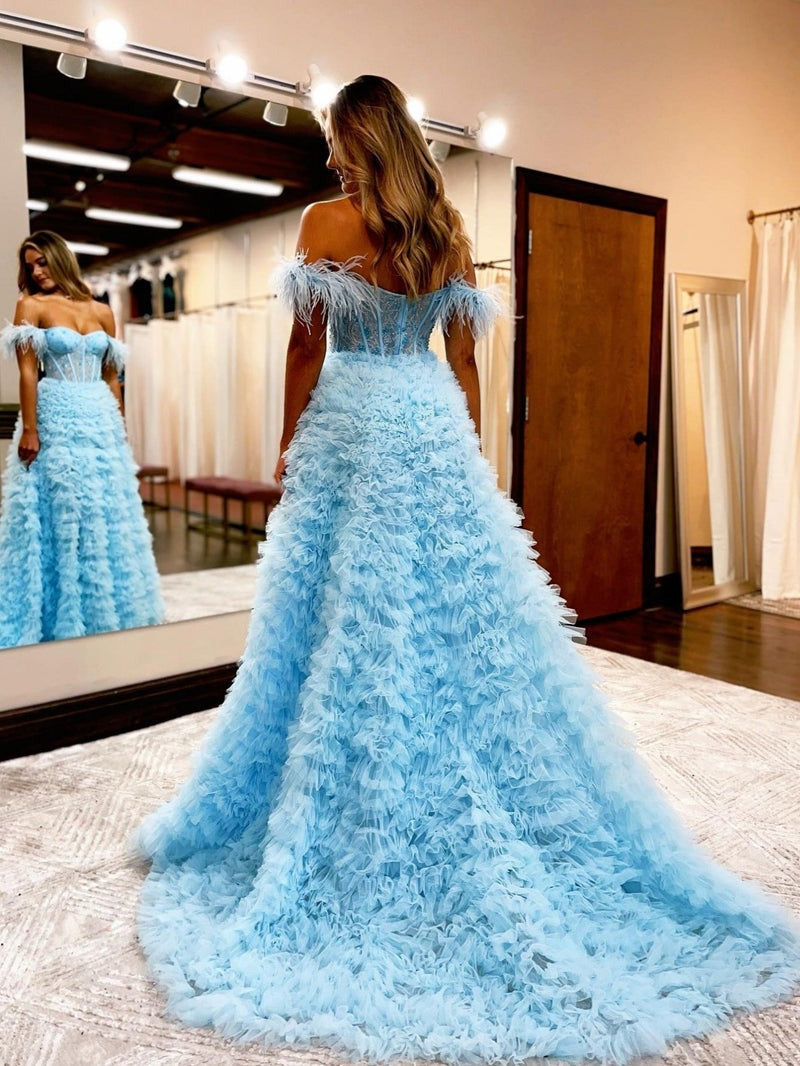 A Line Long Tiered Tulle Sweetheart   Prom Dress With Slit