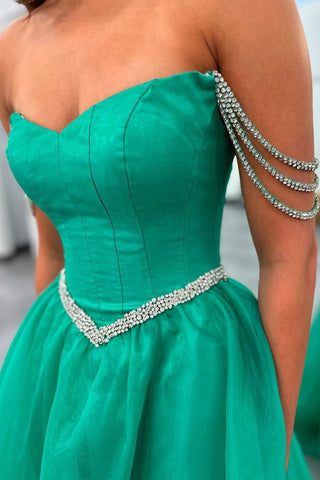 Charming Strapless Green A-Line Long Prom Dress with Beaded Straps