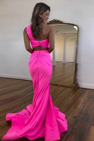 Charming One Shoulder Mermaid Pink Pleated Prom Dresses with Slit