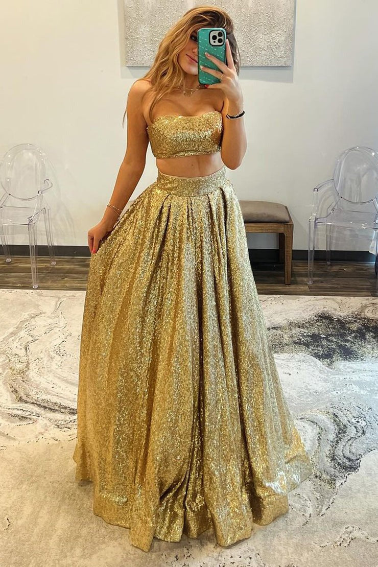 Two Piece Strapless Sequins Long Gold Prom Dress