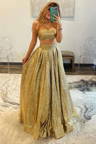 Two Piece Strapless Sequins Long Gold Prom Dress