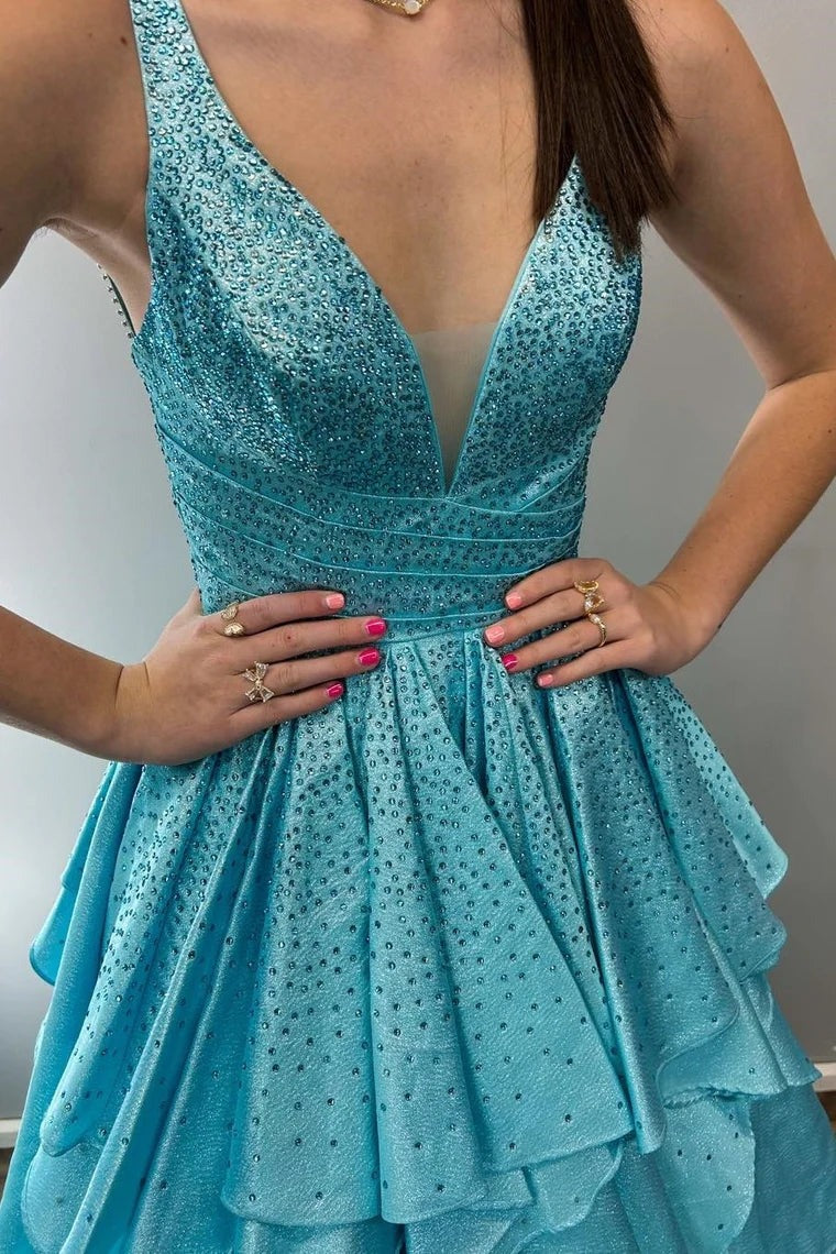 Beaded Multi-Layer Ruffle Satin Aqua Blue Long Prom Dress