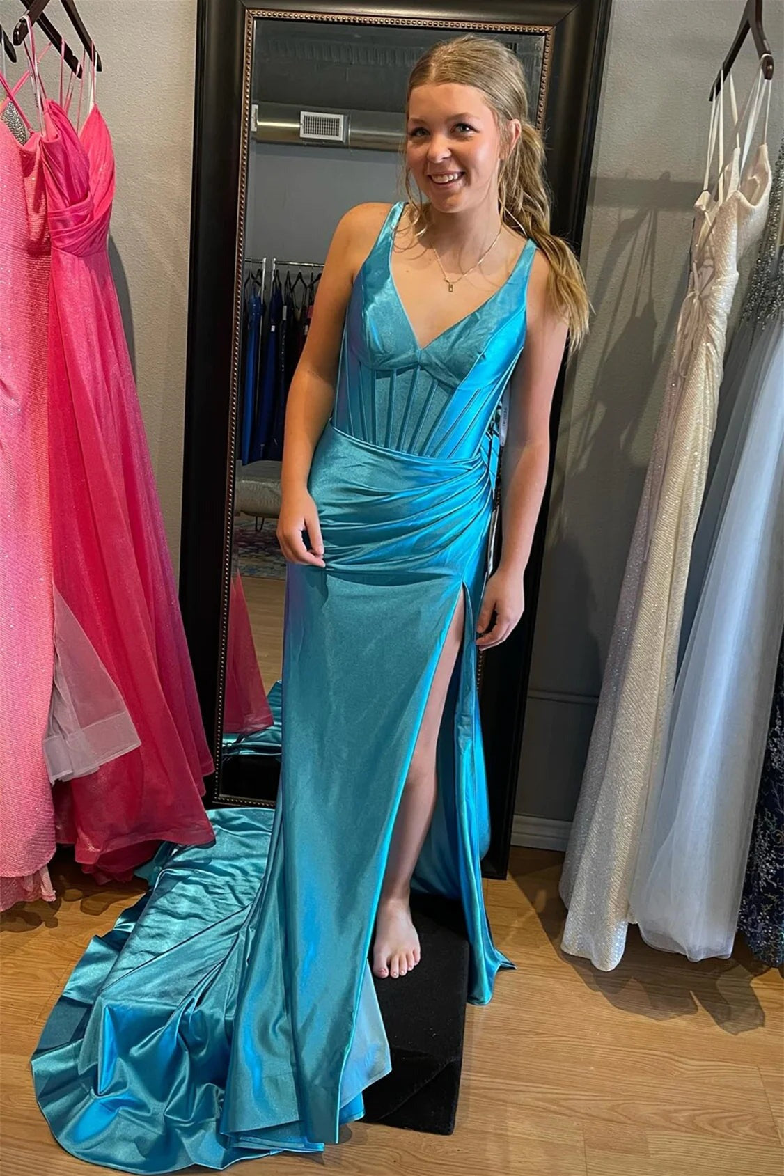 V Neck Mermaid Satin Long Prom Dress with Slit