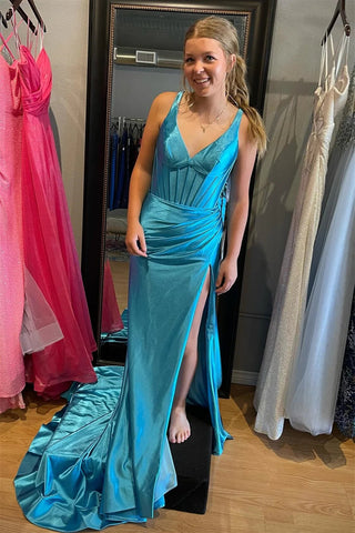 V Neck Mermaid Satin Long Prom Dress with Slit
