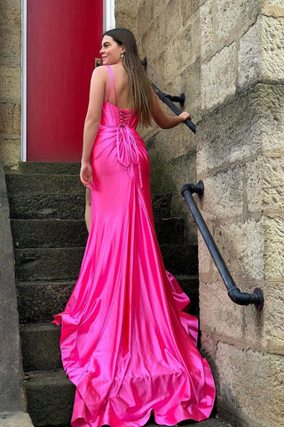 Fuchsia Mermaid V Neck Long Prom Dresses with Slit