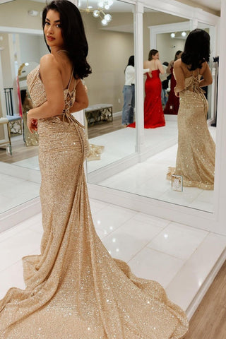 Mermaid Gold Cowl Neck Sequins Long Prom Dresses