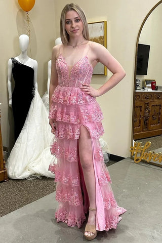 Pink Lace-Up Glitter Appliques Ruffle Tiered Long Dress with Slit