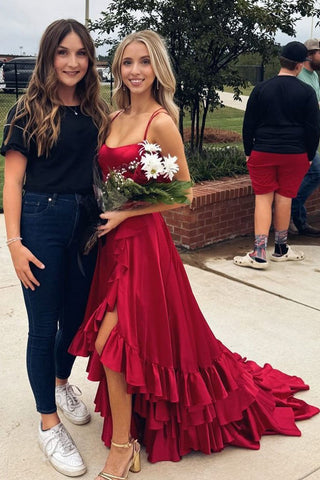 Charming Scoop Neck Red Satin A Line Prom Dresses with Slit