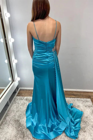 Spaghetti Strap Teal Blue Beaded  Long Gown with Attached Train