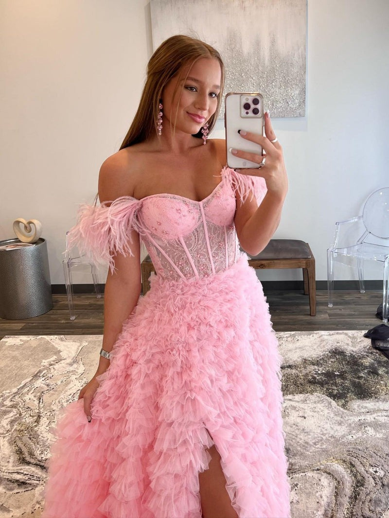 A Line Long Tiered Tulle Sweetheart   Prom Dress With Slit