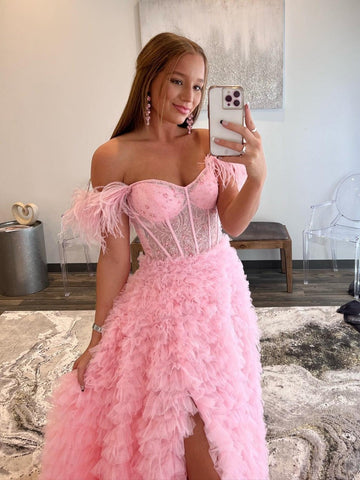 A Line Long Tiered Tulle Sweetheart   Prom Dress With Slit