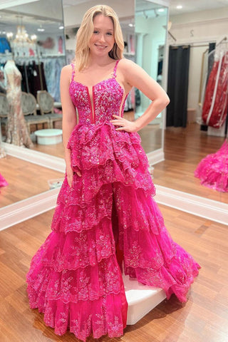 V Neck Fuchsia Ruffle Tiered A Line Long Prom Dress with Appliques