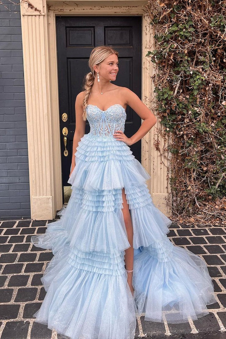 Cute Strapless Blue Ruffle Tiered Tulle A-Line Long Prom Dress