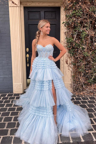 Cute Strapless Blue Ruffle Tiered Tulle A-Line Long Prom Dress
