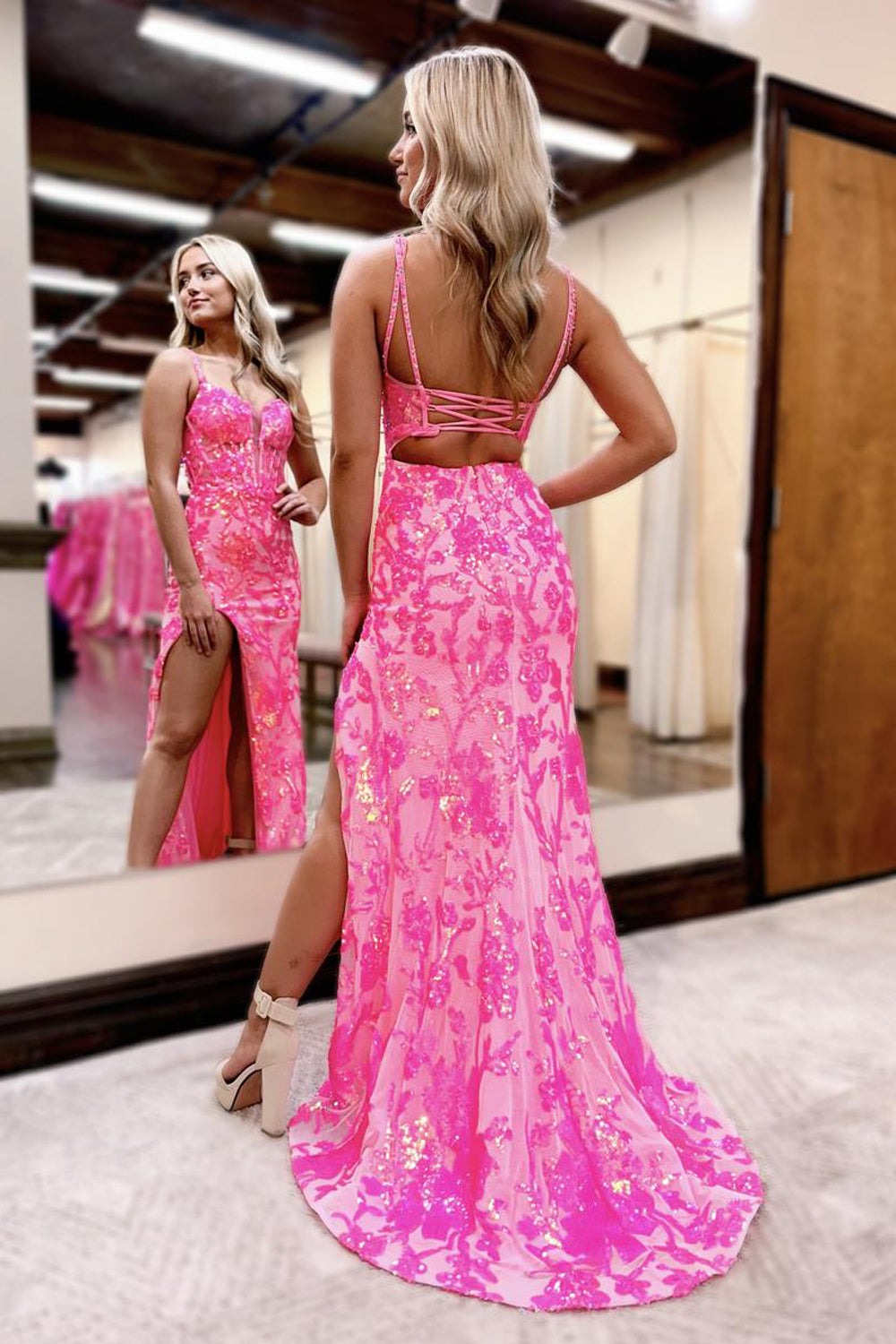 Cute Mermaid V Neck Sequins Lace Slit Pink Prom Dresses