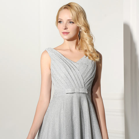 Elegant Sleeveless Light Gray V - Neck Long Evening Gown Prom Dress, SD369