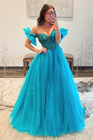 Blue Strapless Beaded Long Prom Dress with Sleeves