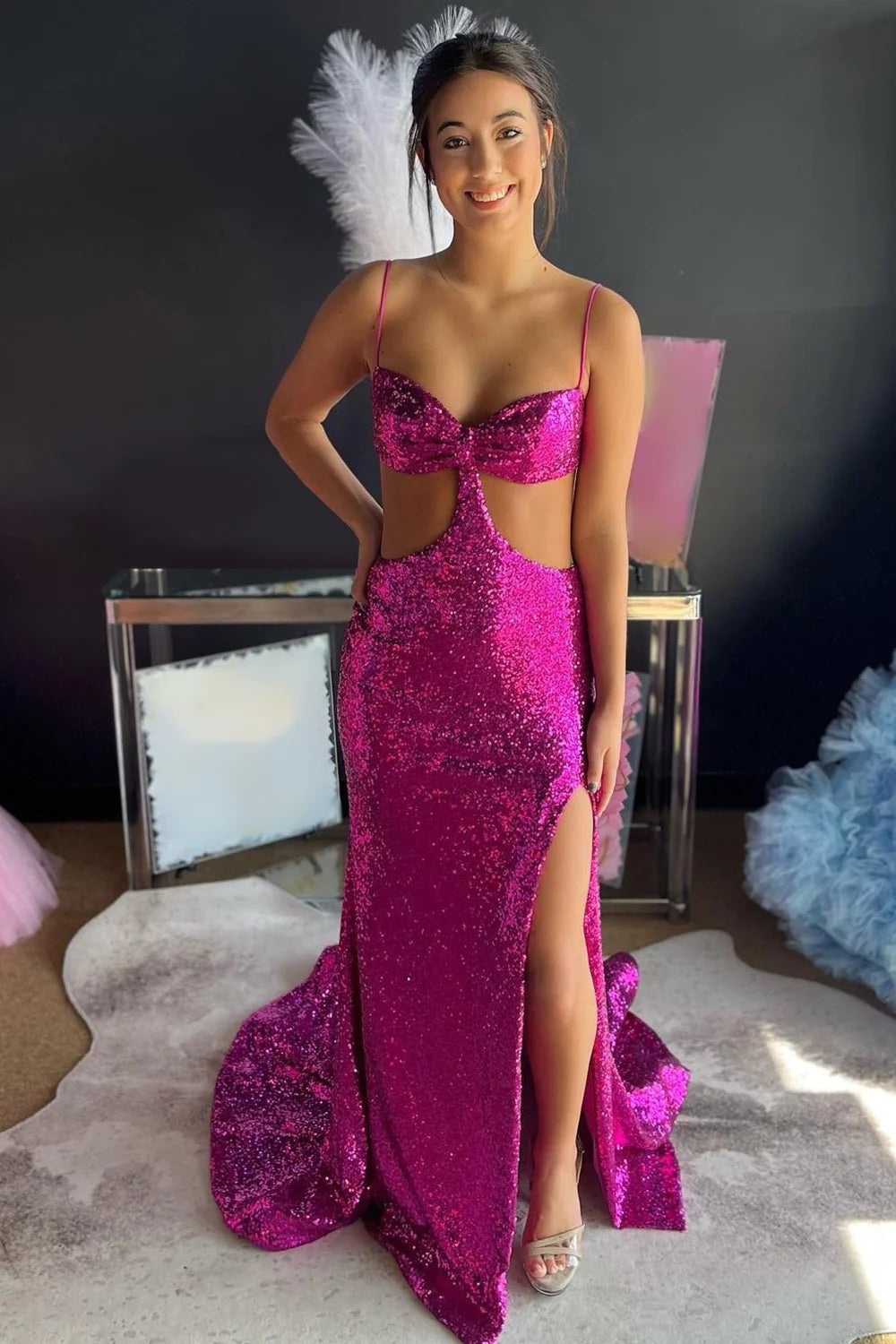 Sparkly Hot Pink Sheath Cut Out Sequins Long Prom Dress with Slit