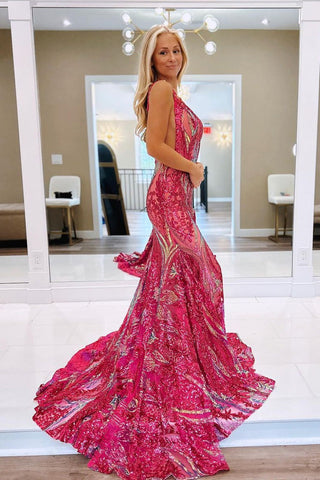 Pretty Mermaid  V Neck Sequin Lace Long Prom Dresses